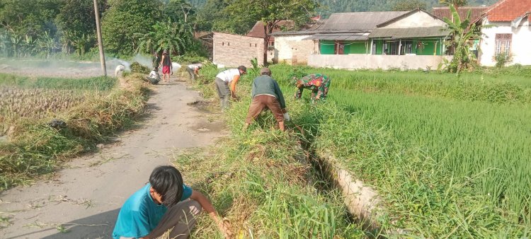 Babinsa Koramil 0105/Mandalawangi Laksanakan Karya Bakti Pembessian Jalan dan Irigasi Bersama Masyarakat Desa Pandat